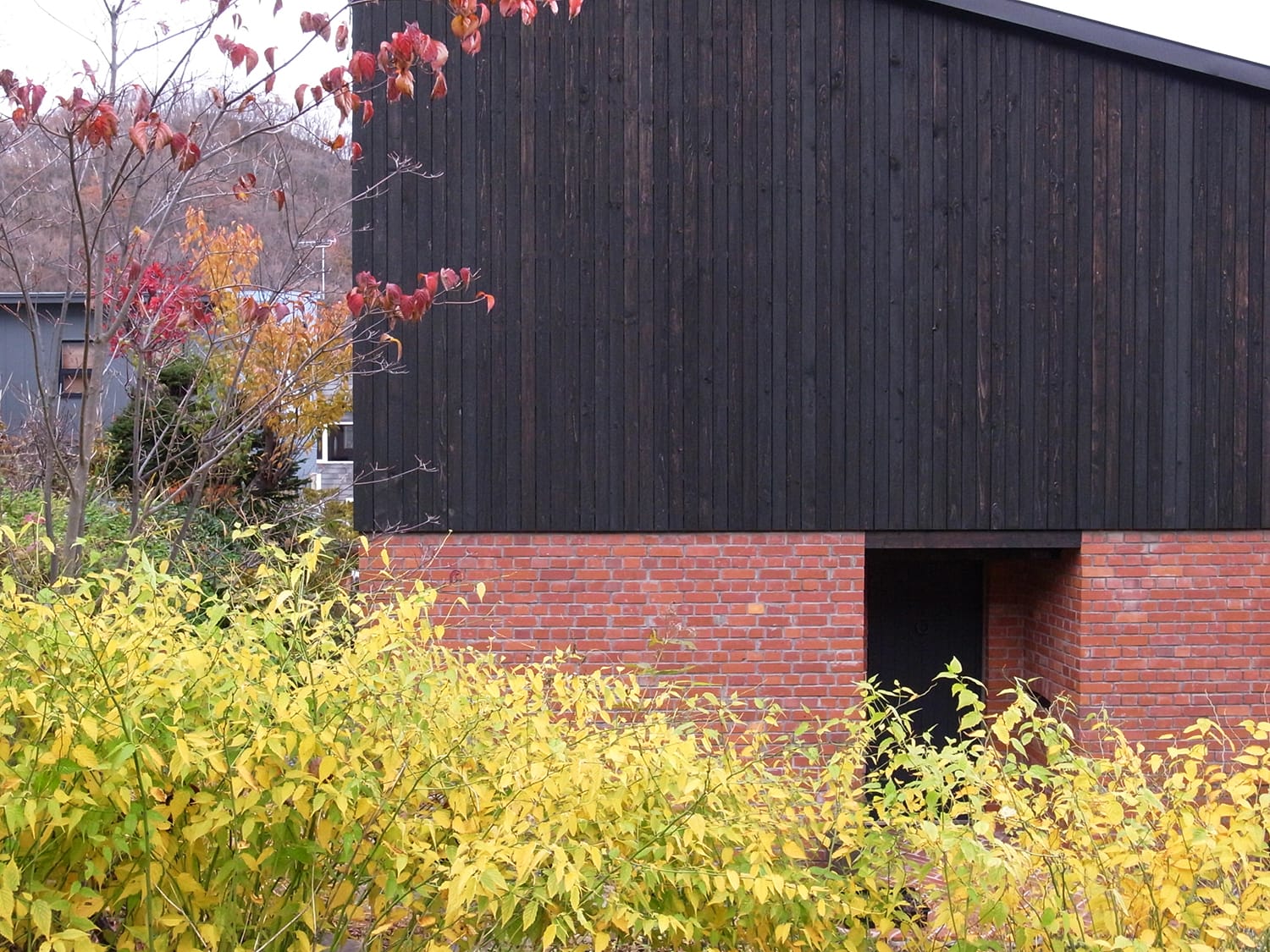 墨色（黒）の板張りと赤レンガの外壁の家