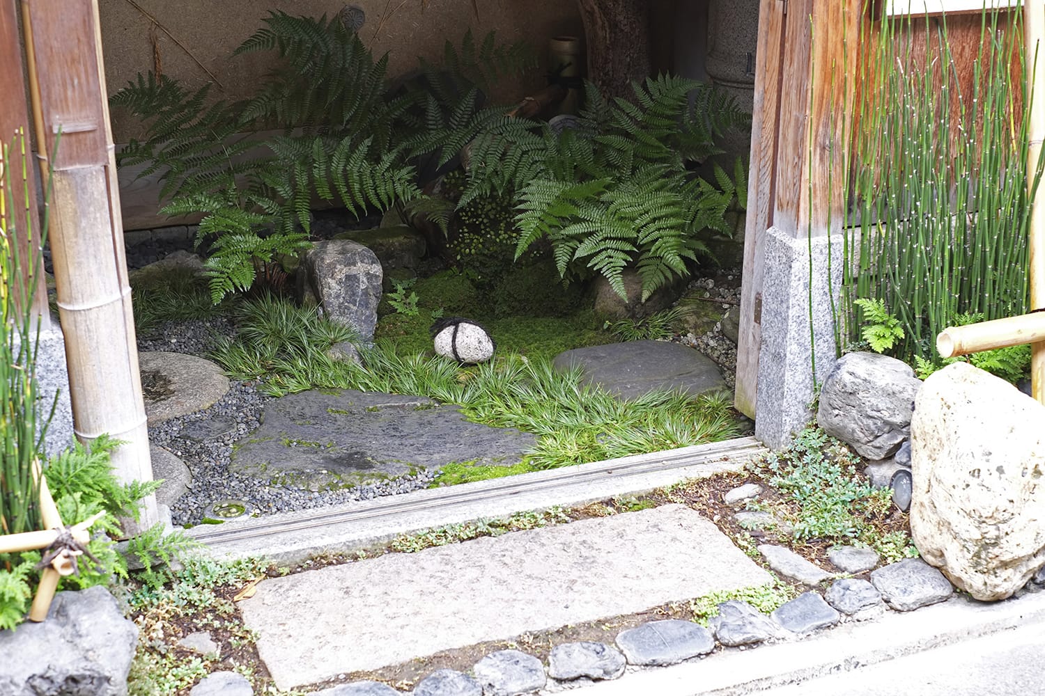 石塀小路の京料理竹中のイヌワラビと龍の髭と苔と石の渋い坪庭