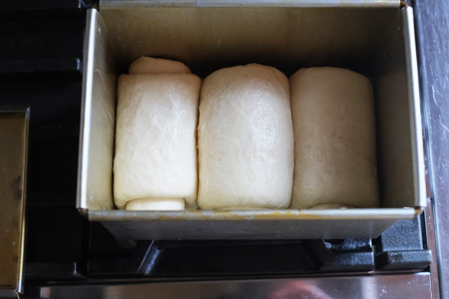 ロール成形されて1.5斤食パン型に納まる生食パン生地