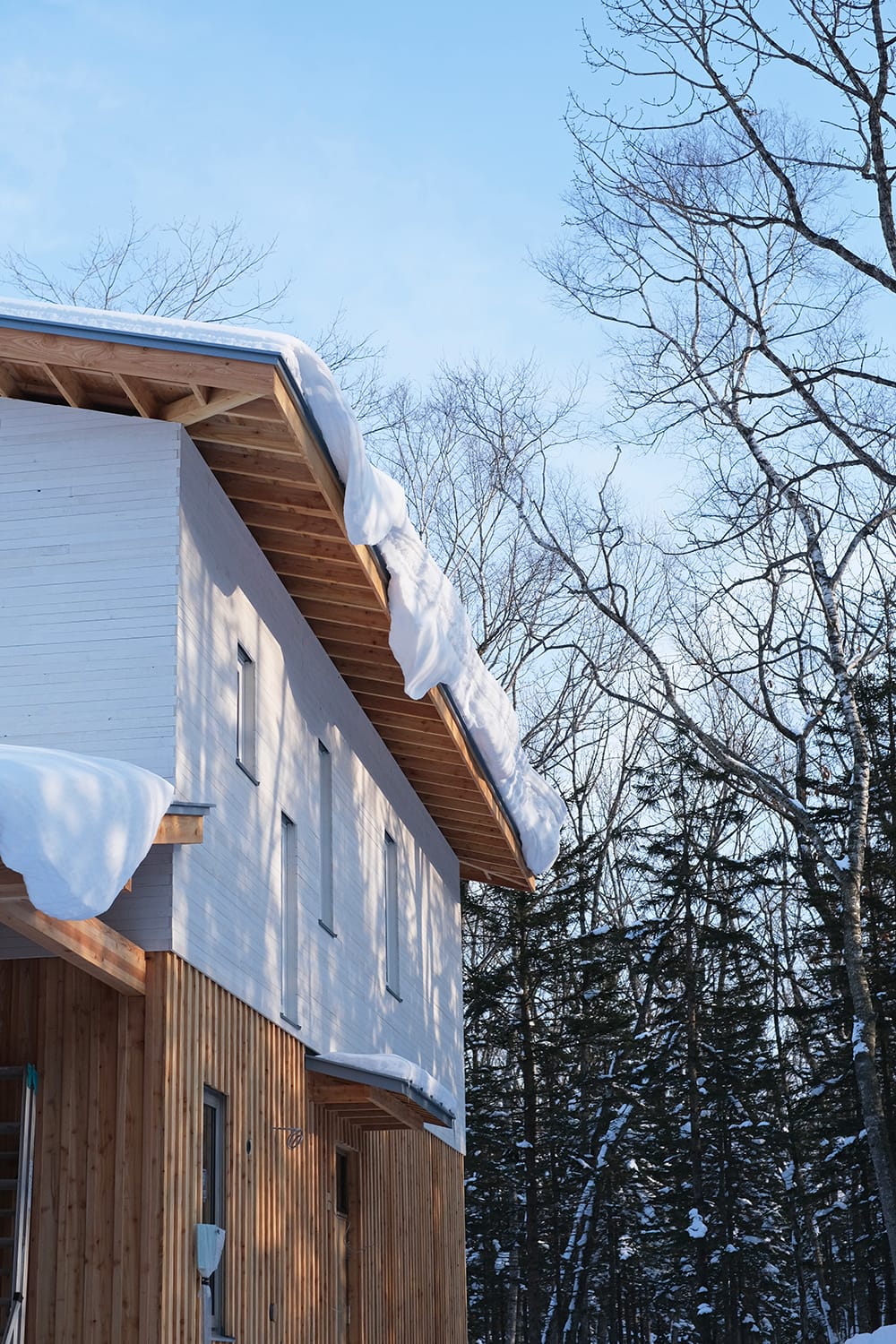 森の中の家の屋根にできた雪庇