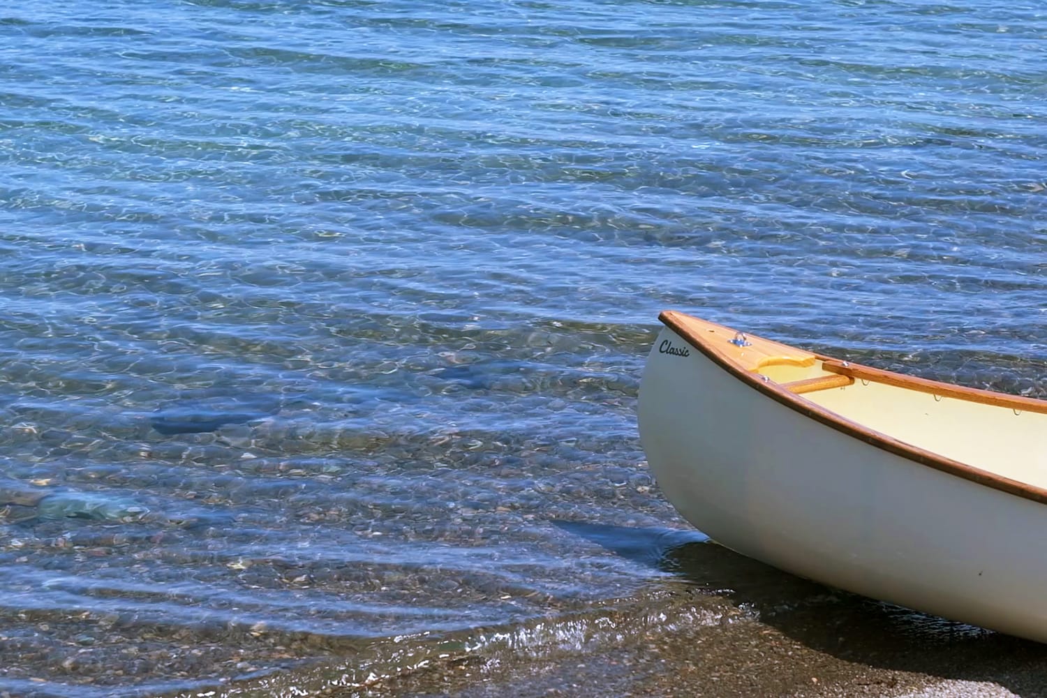 支笏湖ブルーの波打ち際と白いカナディアンカヌー