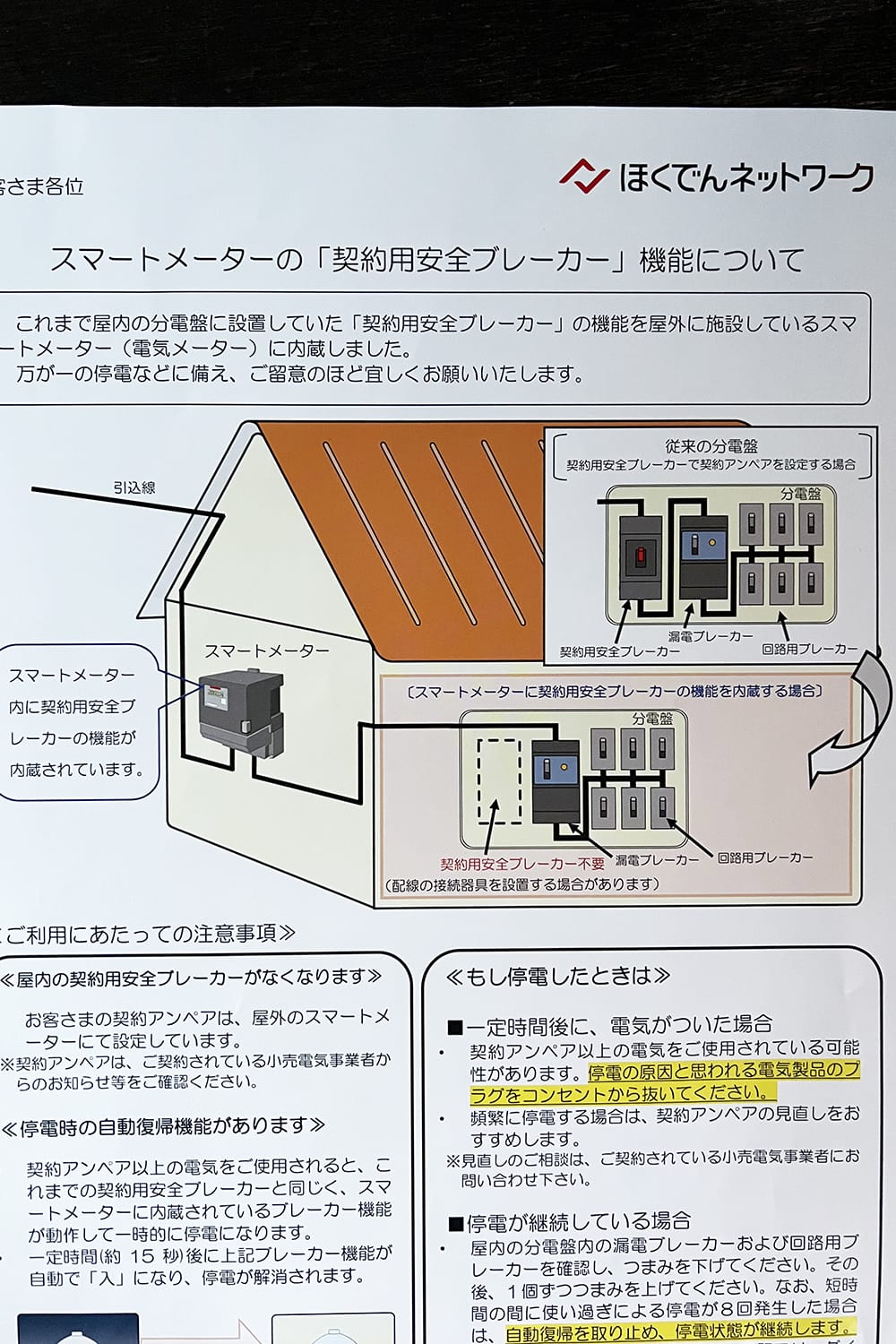 北海道電力のスマートメーターのブレーカー説明書