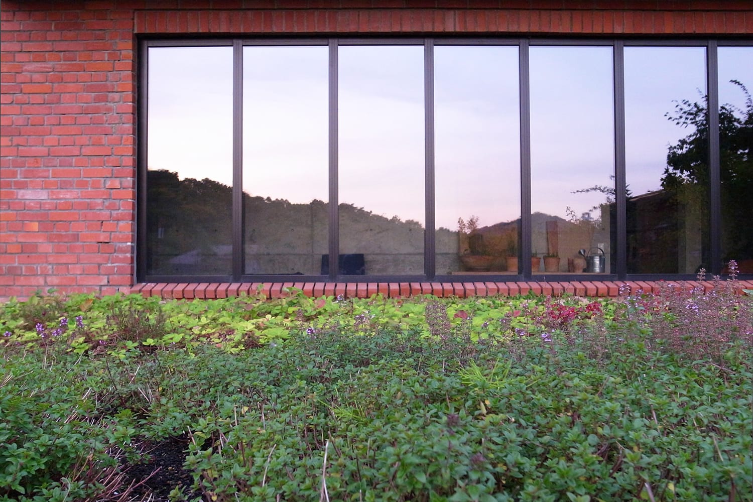 庭に面した連続窓と赤レンガの外壁と庭の緑