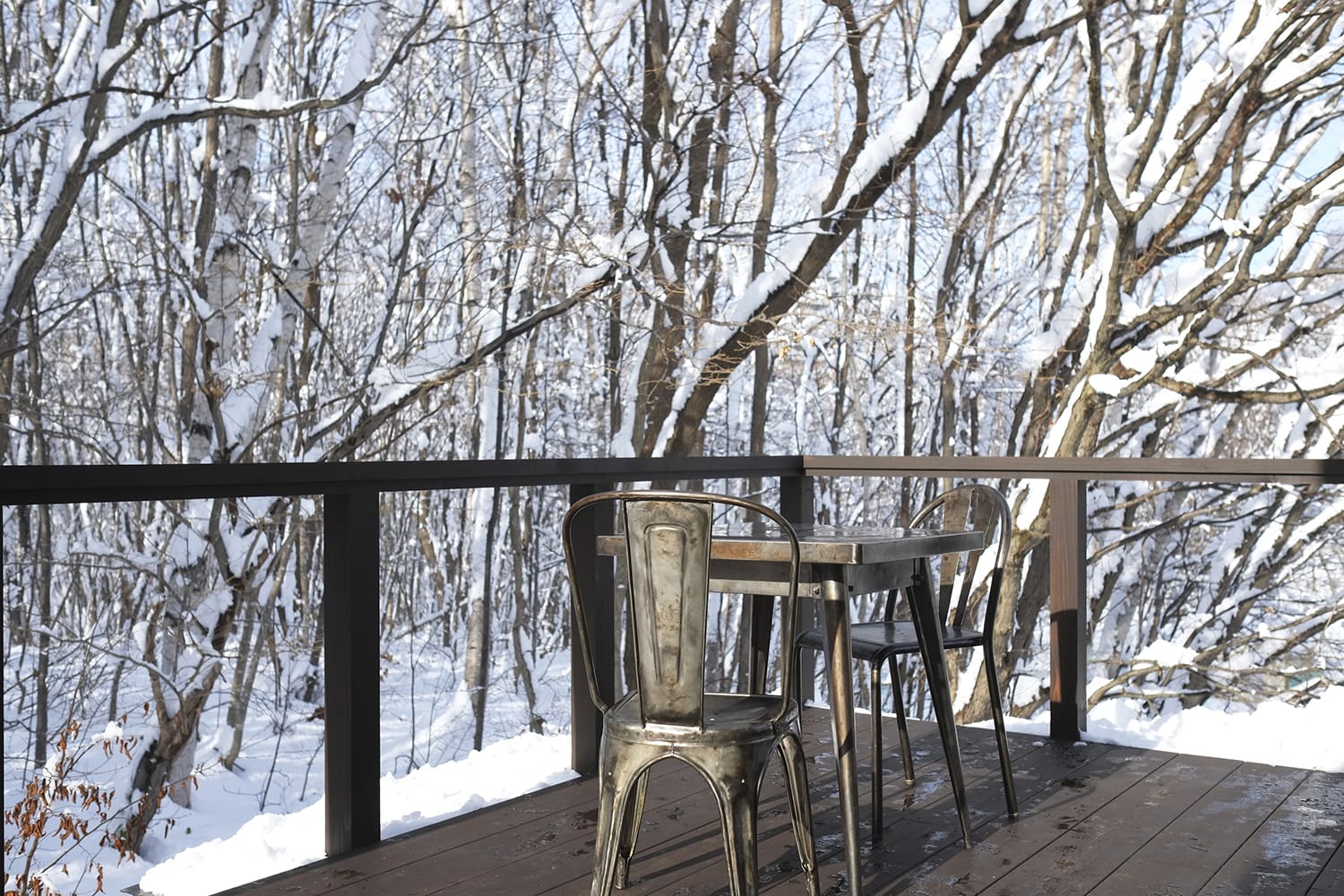 雪積もる雑木林とウッドデッキに置かれたスチール製のコーヒーテーブルとチェアのセット トリックスtolix