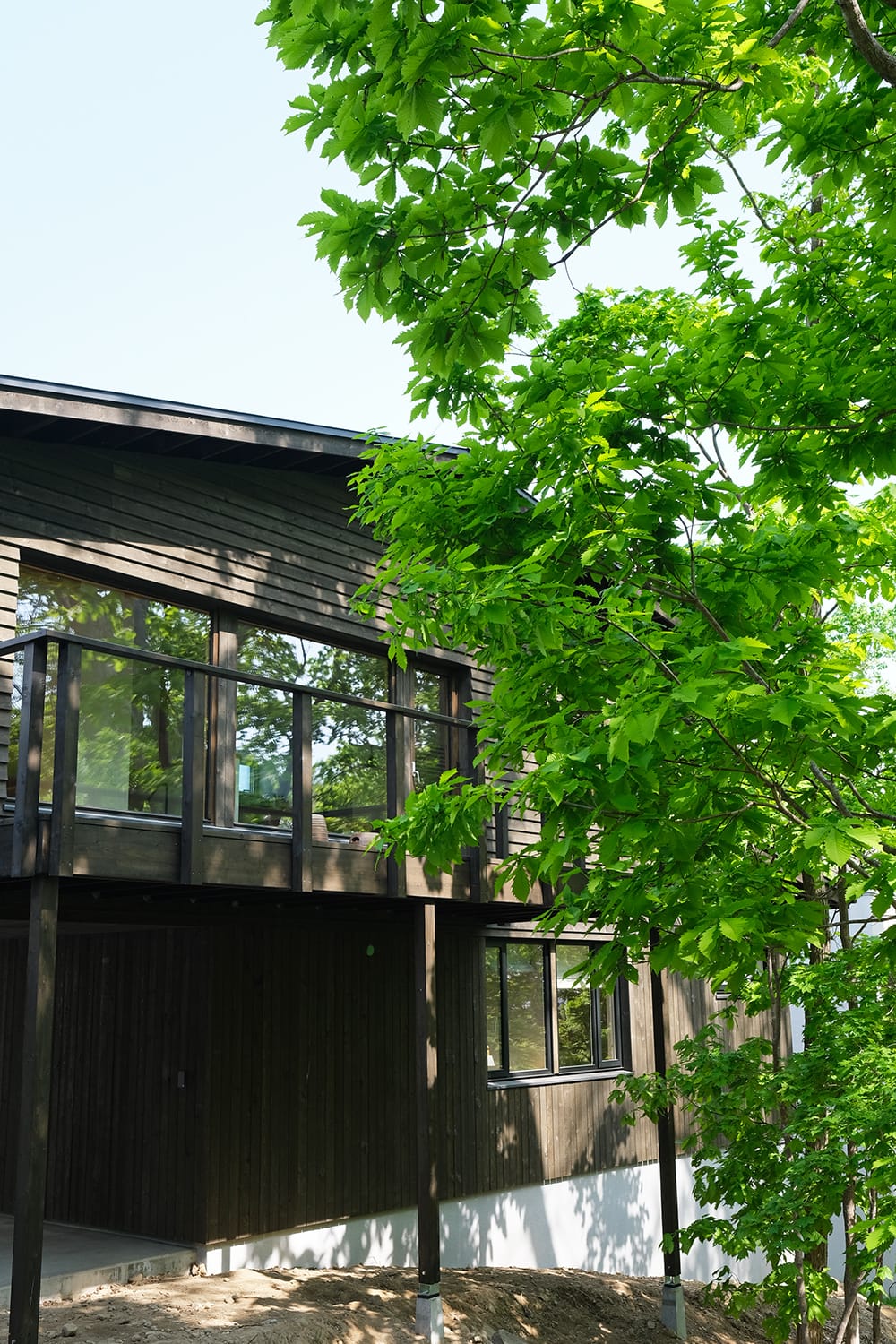2階ウッドデッキと樹々が近い札幌の森の家