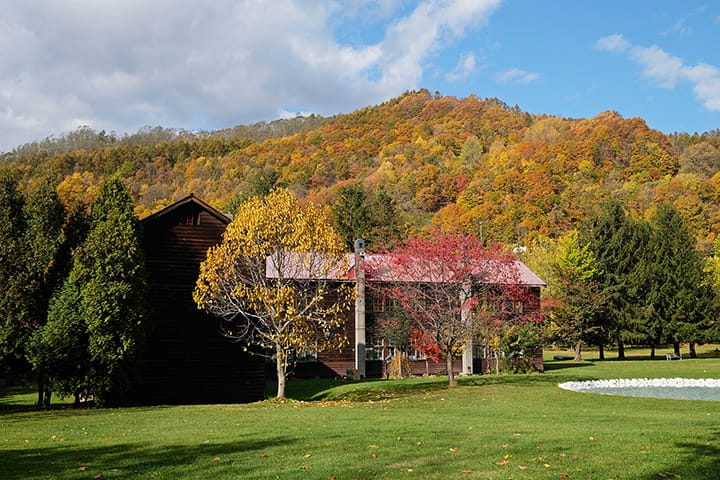 秋の紅葉に彩られるアルテピアッツァ美唄の古い木造校舎