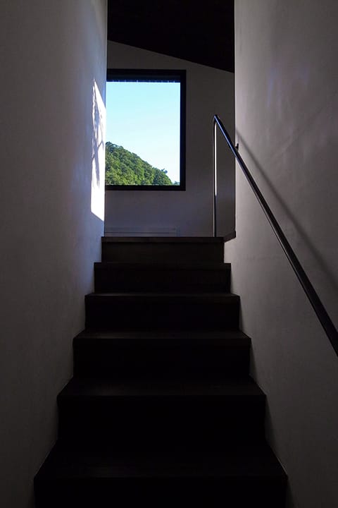 階段を上がった先に見える窓からの緑