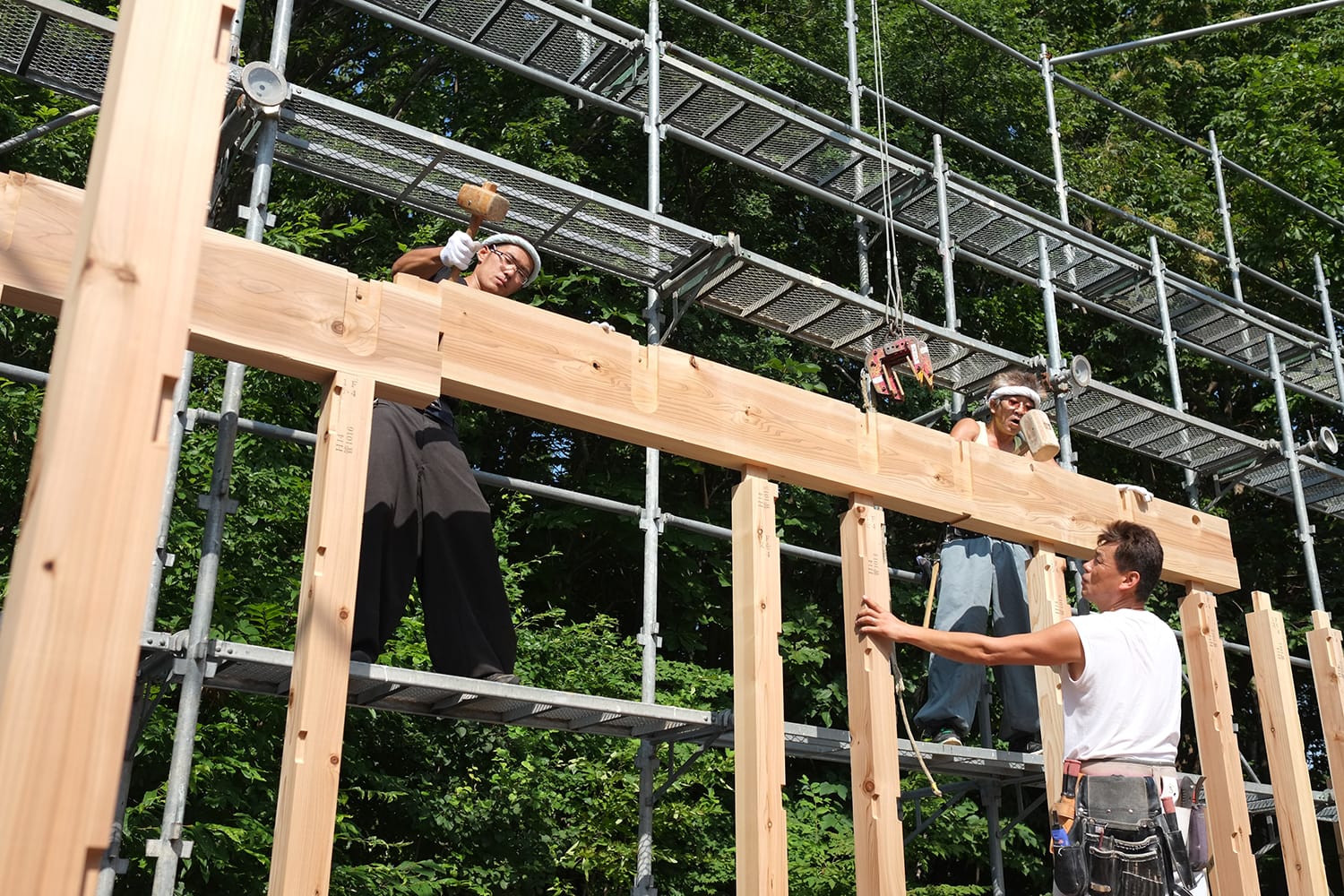 杉の胴差し梁を組む大工たち 建て方 建方