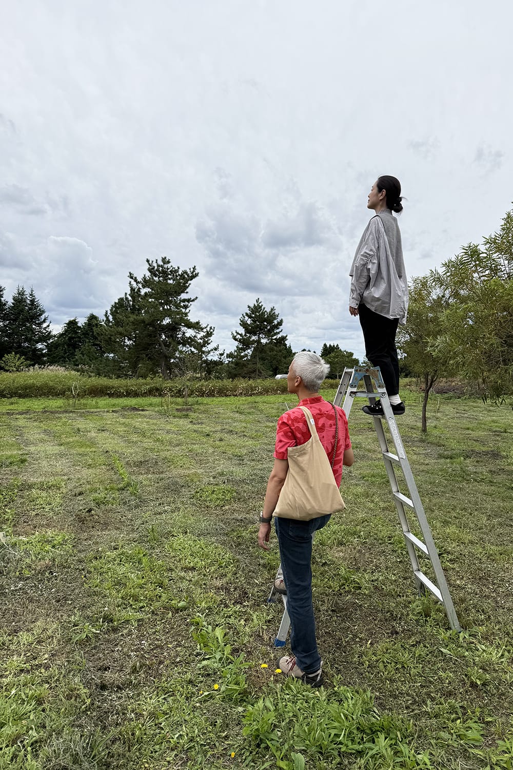 脚立にのぼり計画している新築住宅の眺めを確かめる施主夫妻