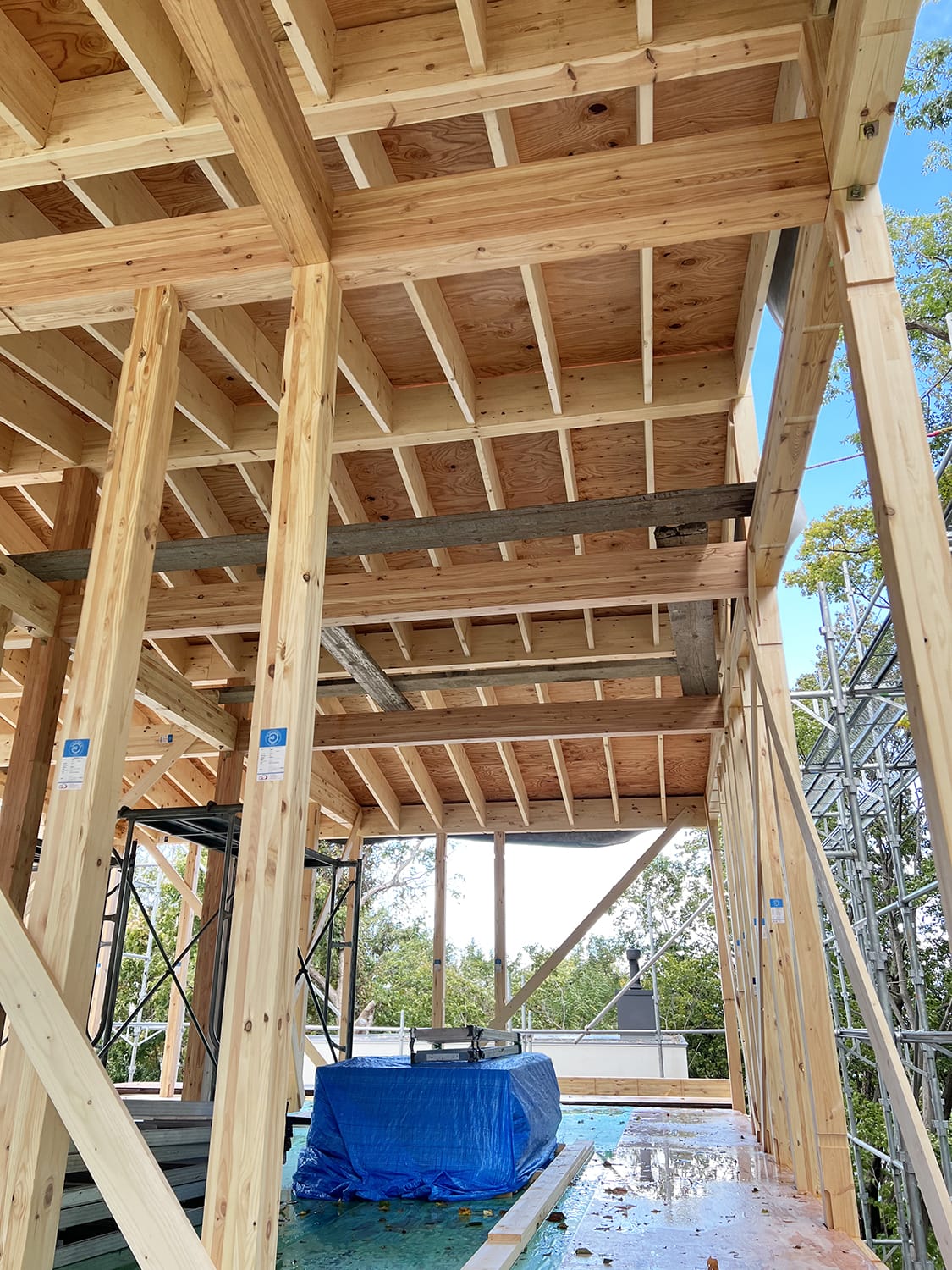 木造軸組構法の住宅の新築工事 切妻屋根の木組み